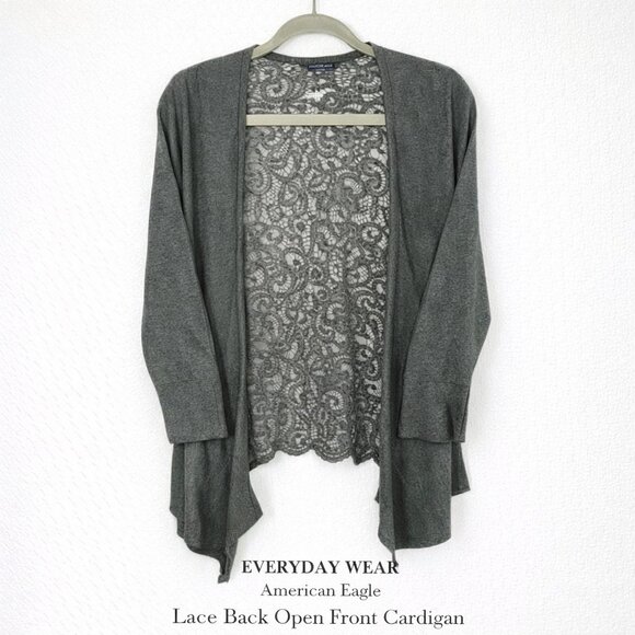 American Eagle Outfitters Sweaters - American Eagle Gray Open Front Cardigan Lace Back Panel Draped Knit Women’s L